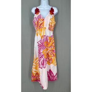 Monsoon Dress Womens Small Pink Floral Midi Poplin Marguerite V Neck Retro Boho